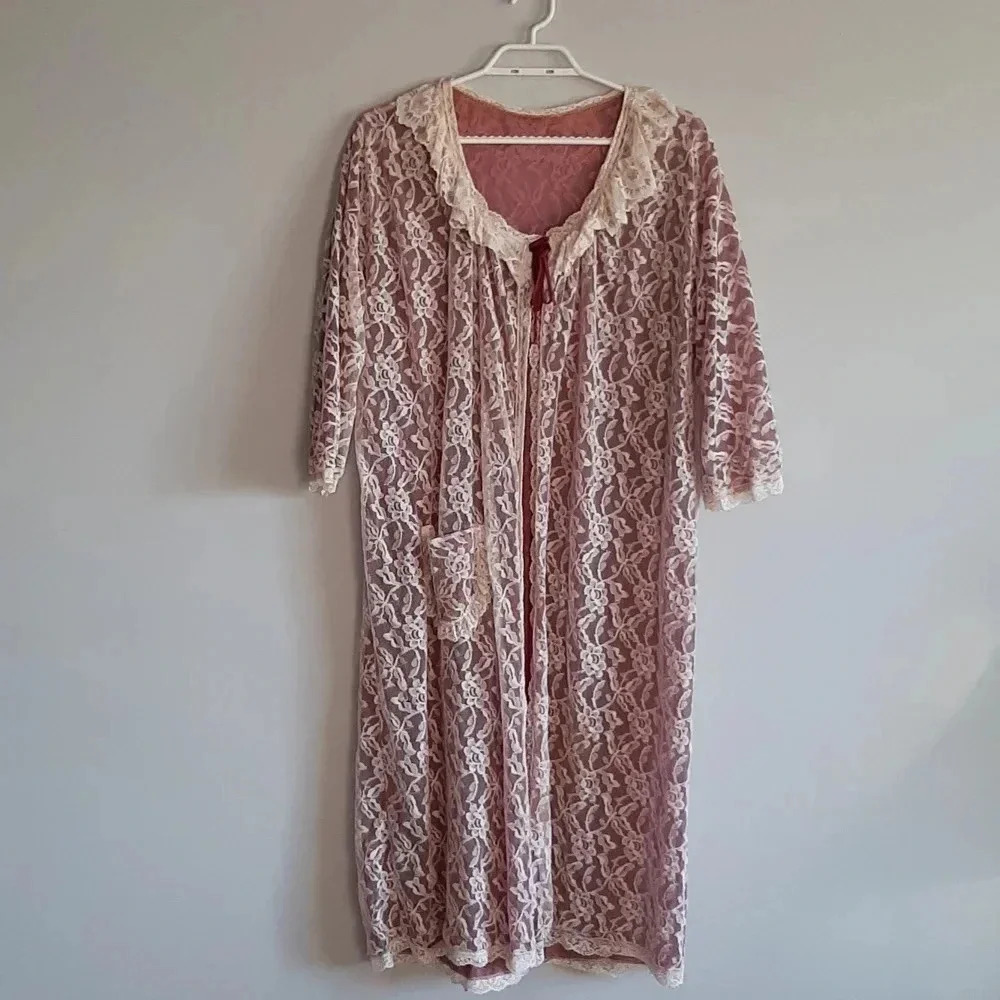 Vintage Night Gown Women's Medium Open Tie Front Lace Robe Maxi Length Dress